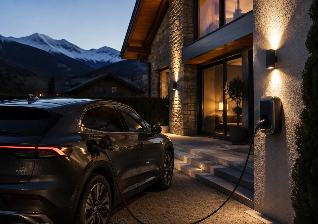 Véhicule électrique en recharge devant une maison alpine